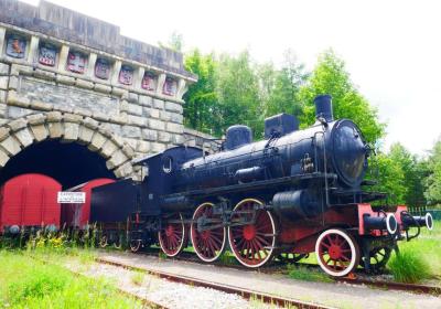 Entrée monumentale du tunnel ferroviaire à Modane - Locomotive à vapeur devant l'entrée monumentale